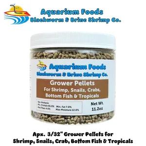 Shrimp Grower Pellets, 45% Protein Sinking 3/32" x 1/4" for Shrimp, Snails, Crabs, Axolotls, Newts, Catfish, Plecos, All Bottom Tropical Fish. FREE 4-Type Wafer Mix & 12-Type Pellet Mix Included… Round Jar
