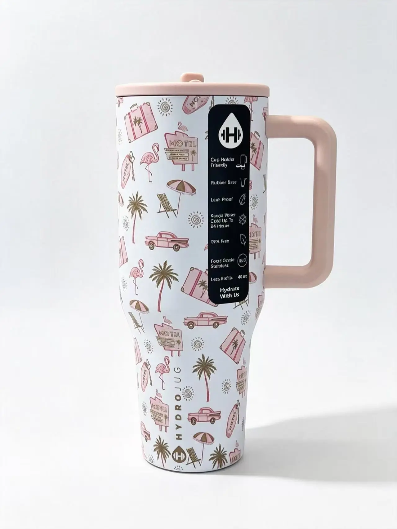 HydroJug 40oz Pink Retro Vacation Print Tumbler with Handle, Leakproof Insulated Stainless Steel, Keeps Cold 24 Hours, Cup Holder Friendly for Travel