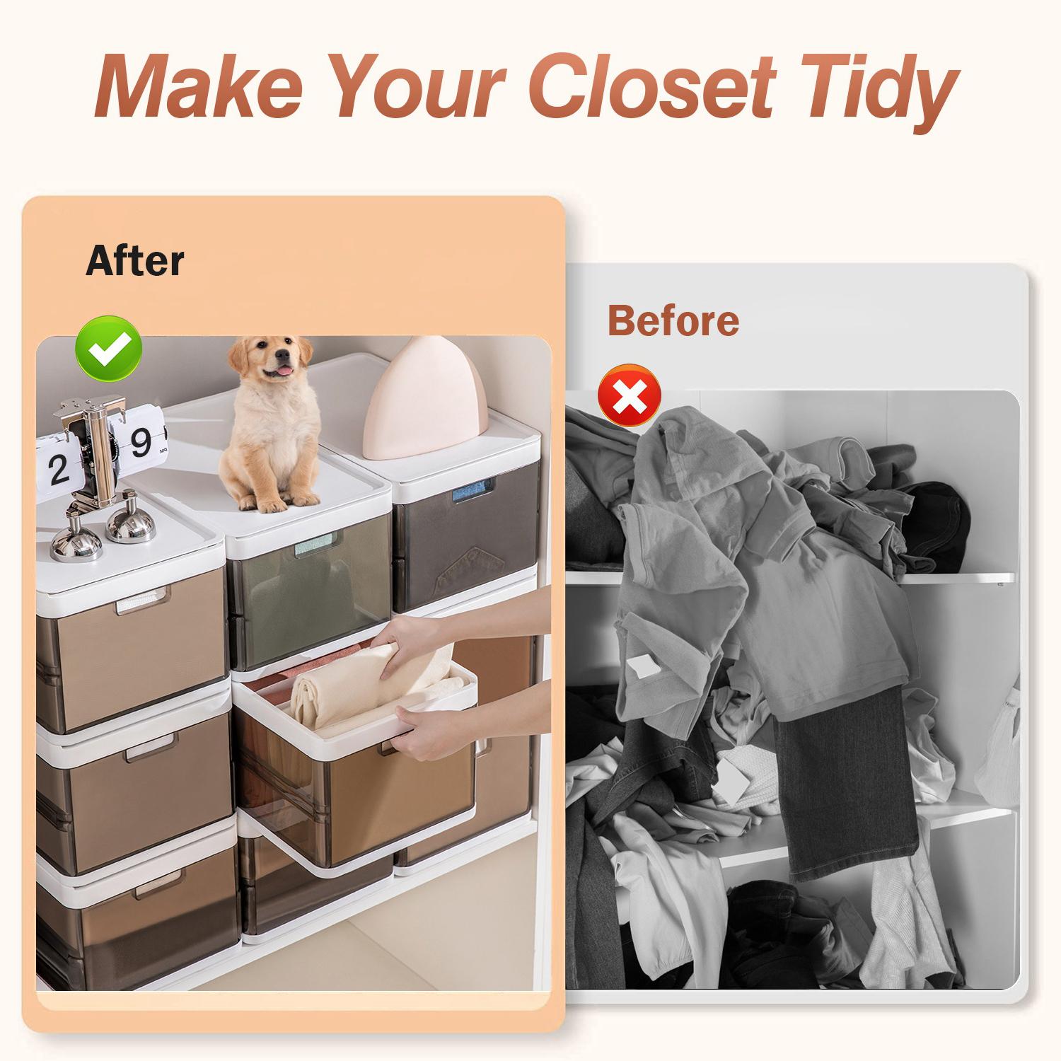 Set of 3 foldable storage boxes with lids, stackable plastic cabinet organizers, with handle dividers and a foldable drawer organizer, suitable for toys and clothing. Collapsible Multifunctional Bins