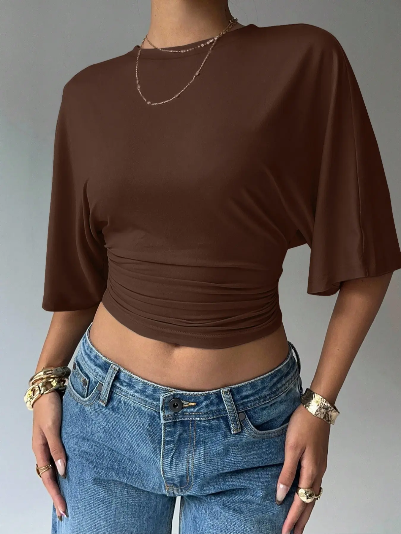 Women's Summer Basic, Simple Stylish Casual Fit Batwing Sleeve Ruched Short Top T-shirt, Relaxed Hem Soft Elastic T-shirt, Trendy Y2K Stretchy Knitted Crew Neck Top, Womenswear