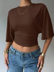 Women's Summer Basic, Simple Stylish Batwing Sleeve Ruched Short Top T-shirt, Relaxed Hem Soft Elastic T-shirt, Trendy Y2K Stretchy Knitted Crew Neck Top, Womenswear