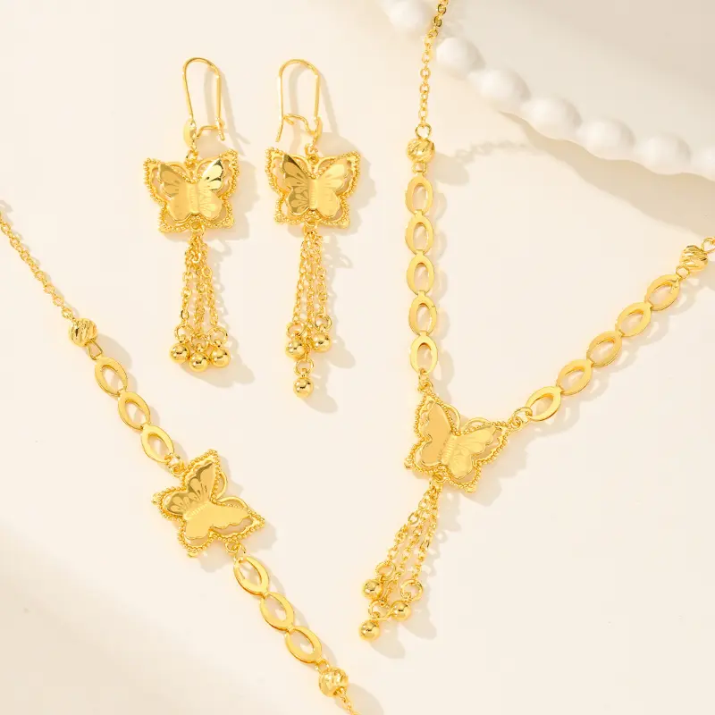 Women's Elegant Gold-Plated 3-Piece Butterfly Combo Jewelry Set - Necklaces, Drop Earrings, Bracelets, Stylish Gold-Colored Butterflies Set for Daily Wear, Christmas Gifts, Combo Jewelry Sets