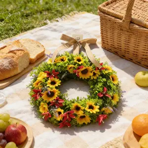 Vibrant Sunflower and Lily Wreath, Mixed Greenery and Burlap Bow Decor, Rustic Summer Fall Home Porch Decoration, Country Style