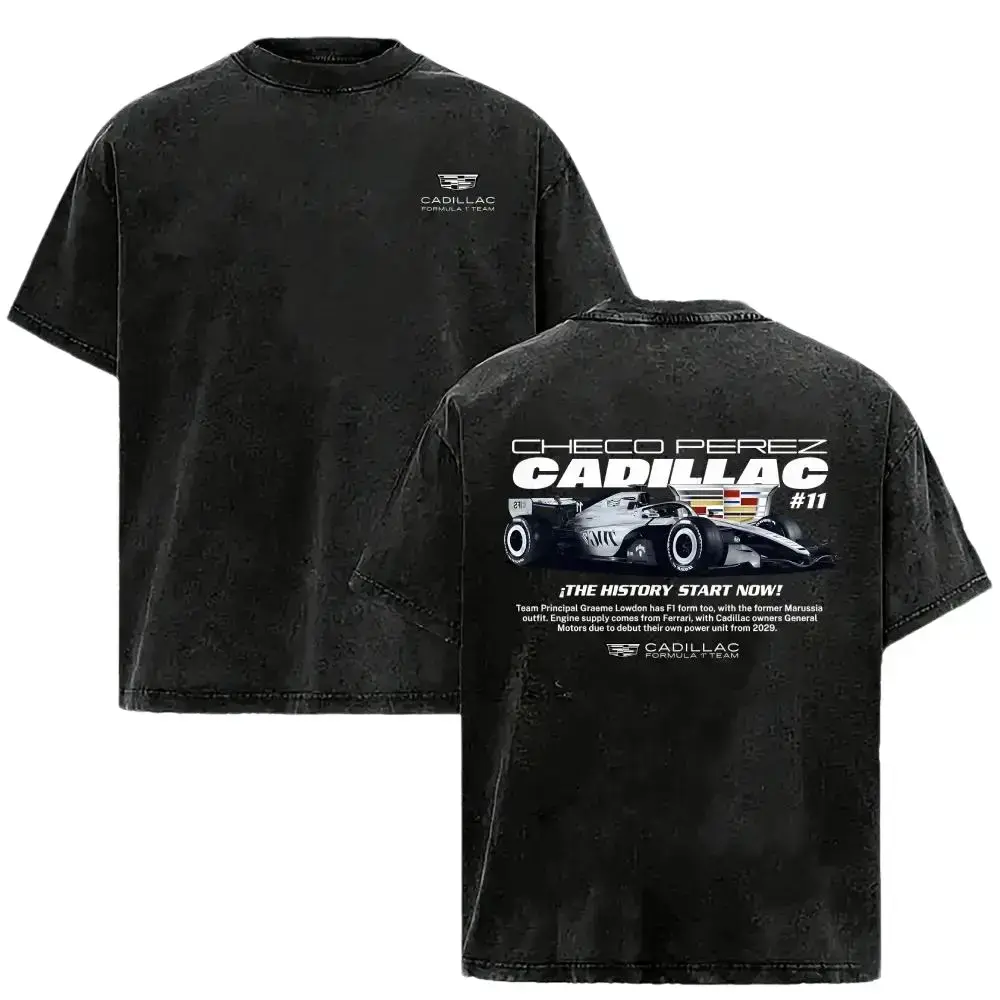 Vintage Washed Graphic T-Shirt Men's Oversized 100% Cotton Retro Motorsport F1 Racing Tee Checo Perez Cadillac Streetwear Casual Loose Short Sleeve Top Y2K Car Enthusiast Apparel Trendy Summer Outfit TikTok Fashion Hip Hop Style Grunge Clothing Boys Gift