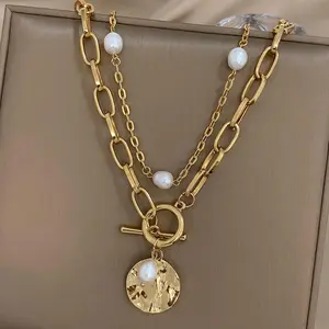 Chunky Golden Zinc Alloy Necklace with Faux Pearl and Round Charm, Suitable for Women 14+ Years Old