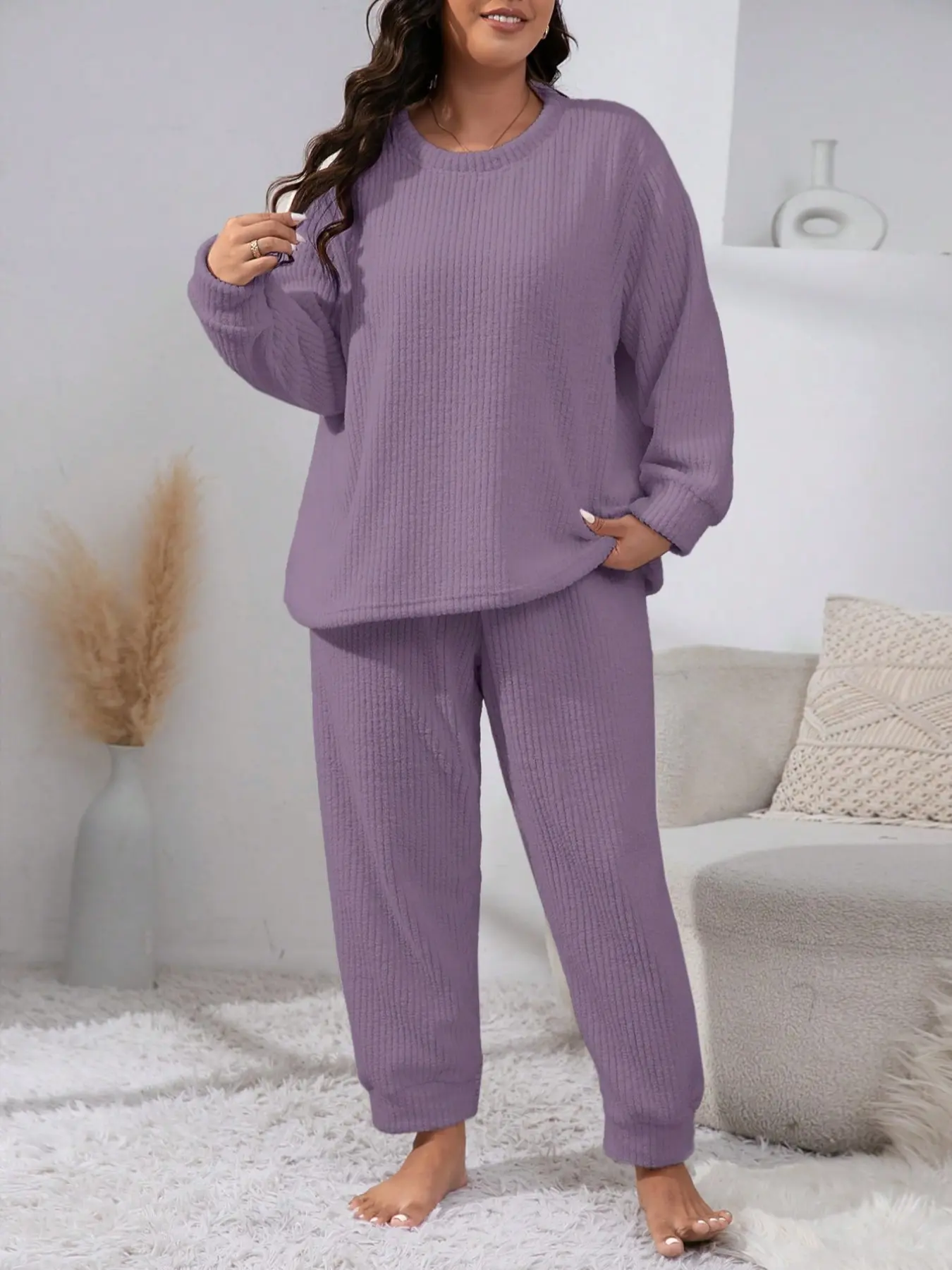 Women's Waffle Knit Pajama Set, Round Neck Long Sleeve Top, Elastic Cuffed Pants, Comfortable Casual Home Two-Piece Sleepwear,mummy tummy outfits, Loungewear, Pjs, Homewear