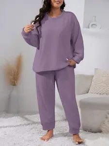 Women's Waffle Knit Pajama Set, Round Neck Long Sleeve Top, Elastic Cuffed Pants, Comfortable Home Two-Piece Sleepwear,mummy tummy outfits