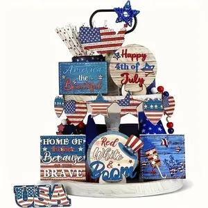 4th Of July Vintage Wooden Turntables - 11pcs/set Independence Day Patriotic Home Decor Room Decoration Ornaments (without Tray) Wooden Decorative Ornaments