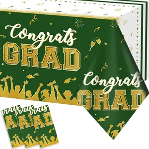 GISGFIM Set of 3 Graduation Tablecloths Class of 2026 Congrats Grad Green Graduation Party Tablecover Decorations Party Supplies Large Size Plastic 54"x108"