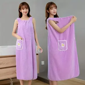 Women's Plus-Size Contemporary Coral Fleece Wearable Bath Towel - Cute, Absorbent, Quick-Drying, with Convenient Pocket, Travel-Portable for Swimming, Sports