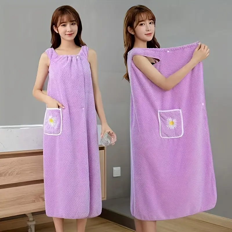 Women's Plus-Size Contemporary Coral Fleece Wearable Bath Towel - Cute, Absorbent, Quick-Drying, with Convenient Pocket, Travel-Portable for Swimming, Sports Purple