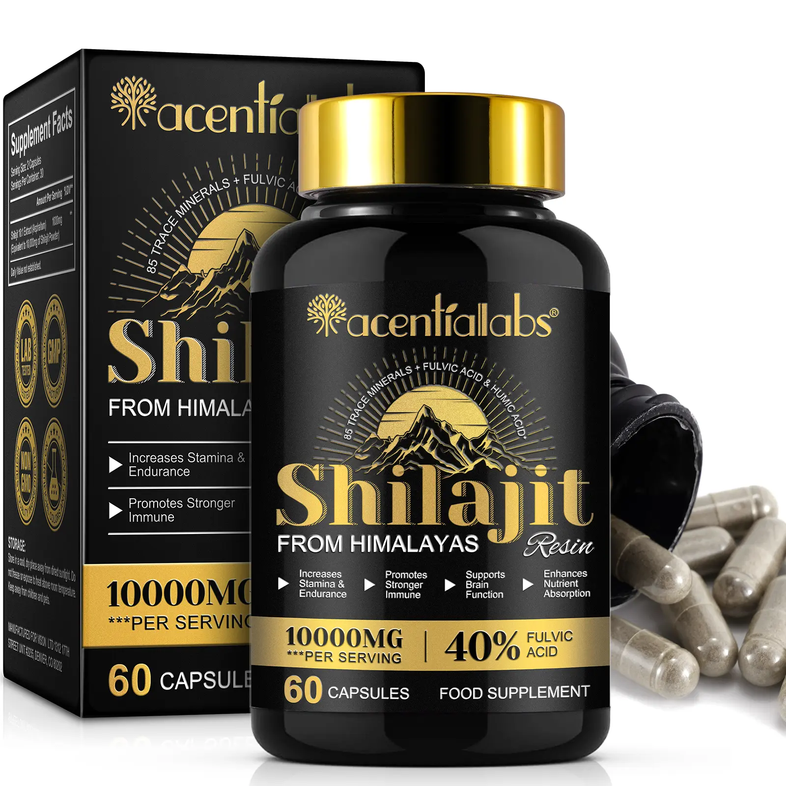 Acentiallabs Natural Edible Himalayan Shilajit Capsules - 60-Count Vegan-Friendly Dietary Herbal Supplements with Over 85 Minerals, Humic Acid, Vitamins, Vegan & No Silica for Energy Boost, Stamina Boost, Immune Health campingessentials