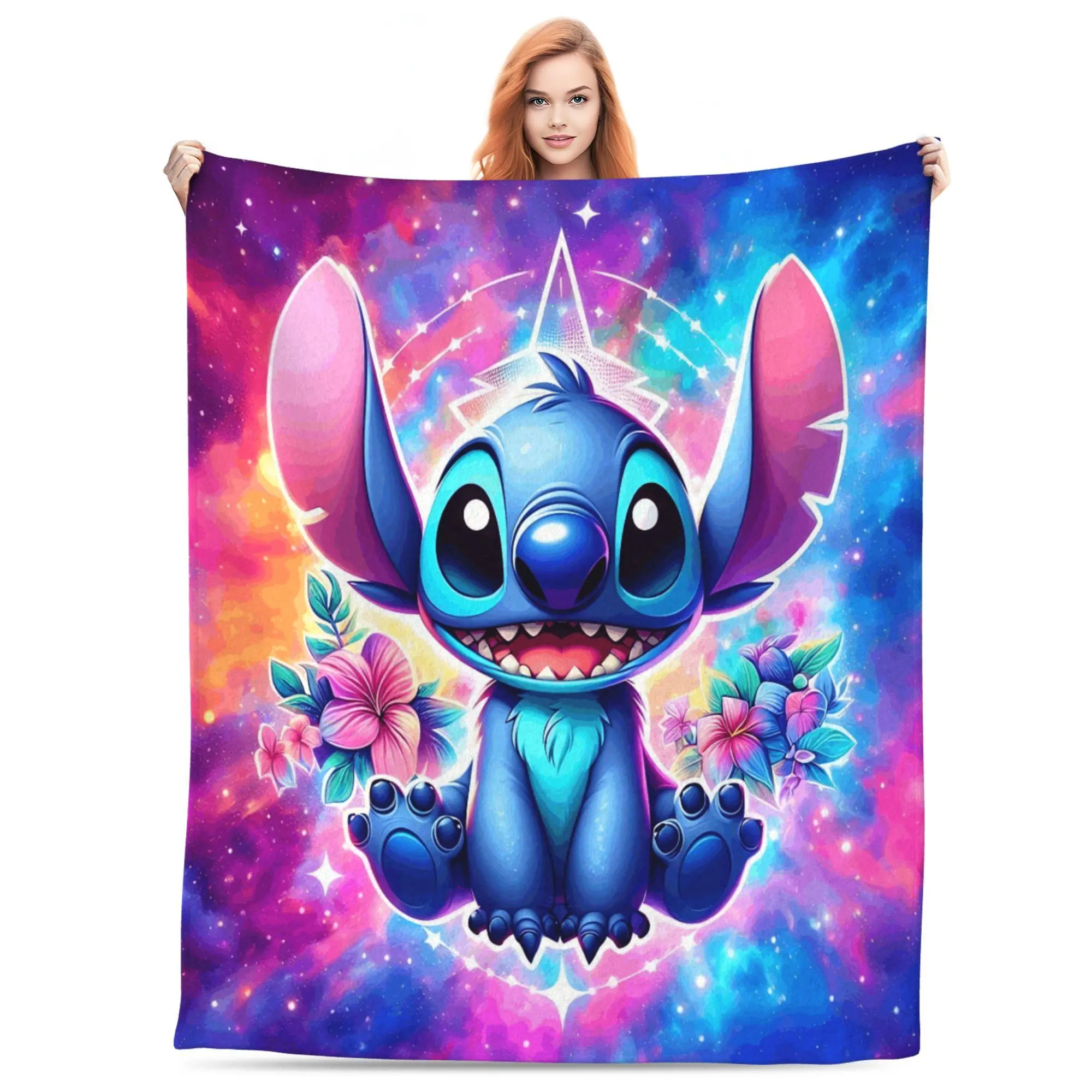 [SummerVibes] Comfy and Cozy Soft Flannel Stitch Blanket - Lilo & Stitch Galaxy Floral Design, Ideal for Kids Bedroom Decor and Gifting, Stitch Blankets
