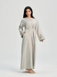 Women's Floral Embroidery Long Sleeve Dress, Modest Casual Round Neck Dress for Daily Wear, Ladies Islamic Clothing for All Seasons, Muslim Women Gowns, Modest Muslim Outfits