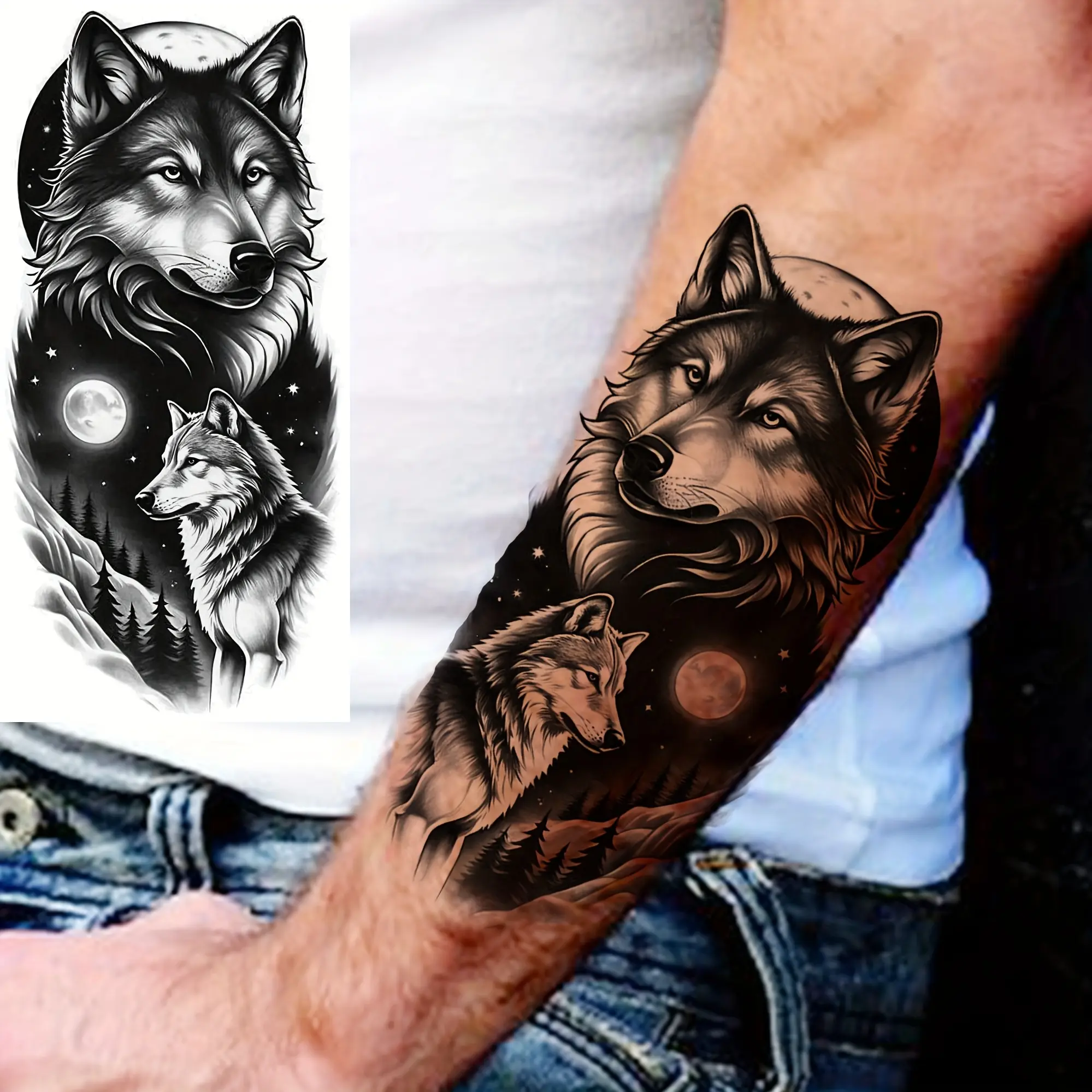 Wolf Moon Temporary Tattoos, 6 Sheets of Realistic Fake Tattoos for Women and Men, Waterproof Body Art for Half Sleeve, Arm, Thigh, Waterproof Temporary Tattoos, Realistic Temporary Tattoos