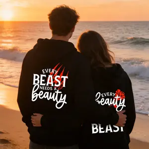 Couple's Autumn Winter Beauty And Beast Print Hoodie Matching Outfits Daily Casual Wear Fashion Top Warm Soft Fabric Romantic Slogan