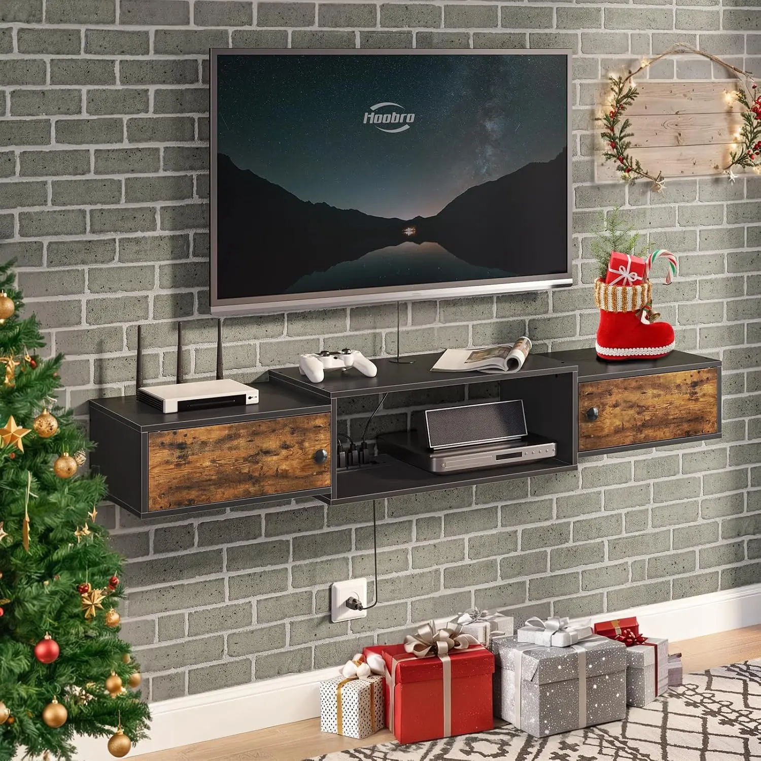 Floating TV Stand with Power Outlet 55", Modern Wall Mounted Media Console Shelf Cabinet for Under TV Storage, Entertainment Center, Living Room, Bedroom, Rustic Brown and Black BF11DS01