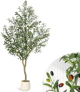 7FT Decorative UV-Resistant Plastic Faux Olive Tree, Realistic-Look Fake Indoor Plant with White Planter and Green Moss, Indoor Use Artificial Tree for Home Office Decor