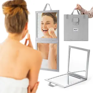 BRÜUN Backstage Hanging Mirror 25" x 11.4" Inches for Dance Bag with Dimmable LED Lights for Focused Glow – A Grey Colored Foldable Mirror for Dancers and Artists with Touch Sensitive Power Button