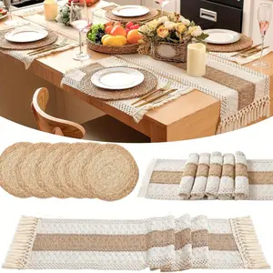 Boho Placemats Set of 13 PCS - Handmade Grass Woven Meal Mats and Natural Cotton Linen Burlap, with 1 Macrame Burlap Table Runner 12x70inch, Table Mats Set for Dining Table Kitchen