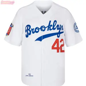 Retro White Brooklyn 42 Baseball Shirt, Blue Red Letter Embroidered Button Down Jersey, Breathable Summer Sports Activewear For Men, Y2K Hip Hop Streetwear, Casual Americana Game Day Tailgate Outfit summerwins