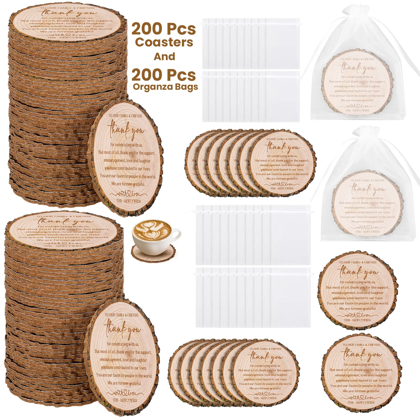 400-Pack Wedding Favors Set - 200 Round Wooden Tree Bark Cork Coasters (100mm Diameter, 2.25mm Thick), 200 White Organza Bags, Rustic Thank You Gifts for Wedding Bridal Shower Supplies, Home Festive Party Gifts, Wooden Coasters, Round Coaster