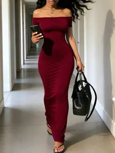Women's Solid Color Off-Shoulder Short Sleeve Long Dress, Womenswear, Elegant Chic Style, Perfect for Casual Wear, Comfortable and Stylish Design