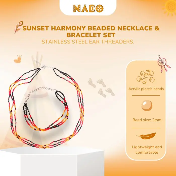 Sunset Harmony Beaded Necklace and Bracelets Set - Red Orange Yellow Black Design Handcrafted Layered Statement Jewelry for Festivals Everyday Wear or Gifting