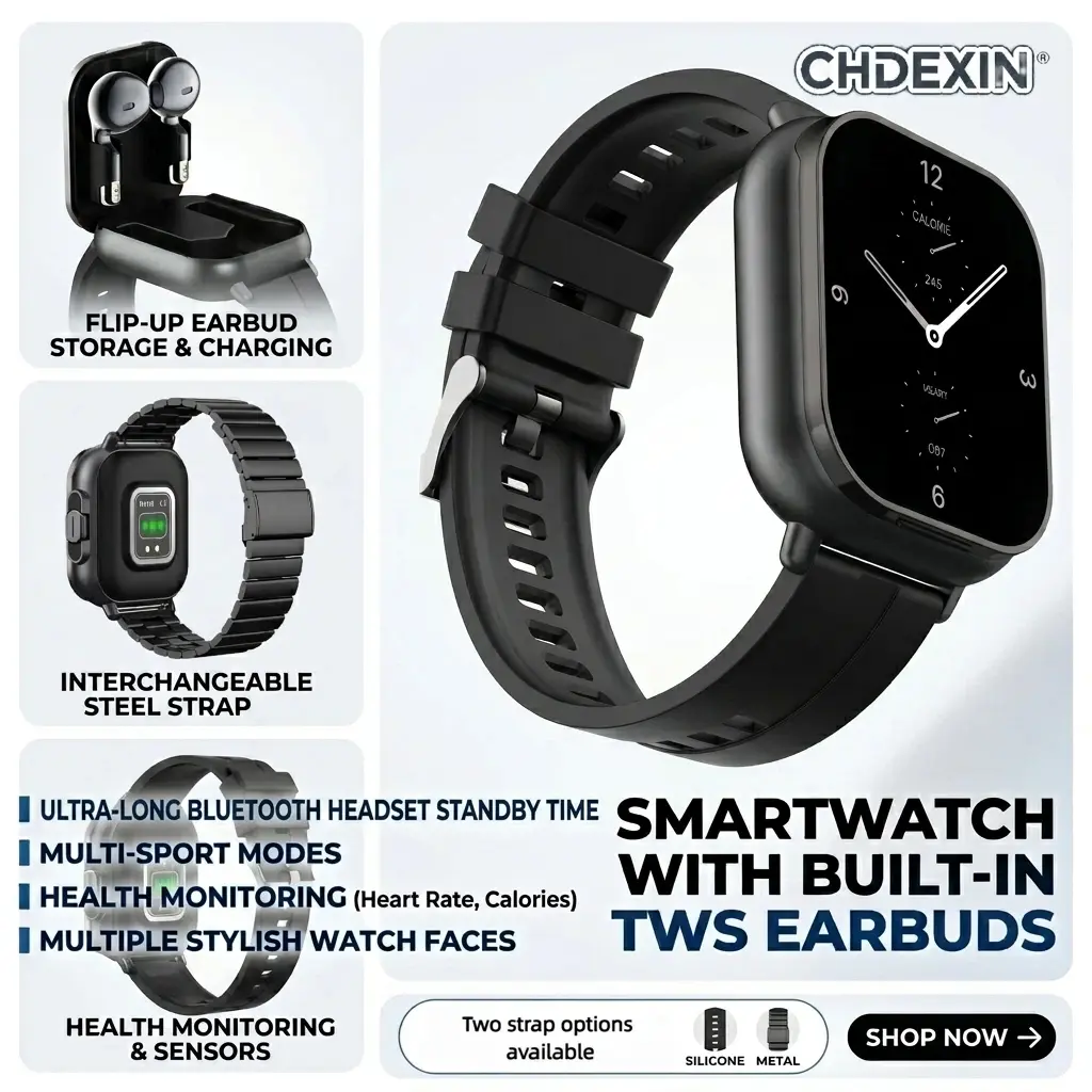 CHDEXIN 2-in-1 Wearable Magnetic Charging Wristwatch & Wireless Earbuds Combo, 2.01" HD Touch Screen Sports Fitness Smartwatch, Bluetooth Calling Health Tracking Device, Heart Rate Tracking, Metal, Breathable Groove, Multi-Sport, Built-In Buds