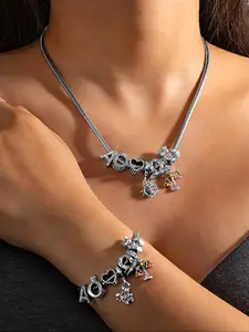 Elegant Bear Zodiac Pendant Necklace Bracelet Set, Zircon Heart Letter Jewelry for Women, Perfect Gift for Holidays Birthdays, Zirconia Jewelry Set