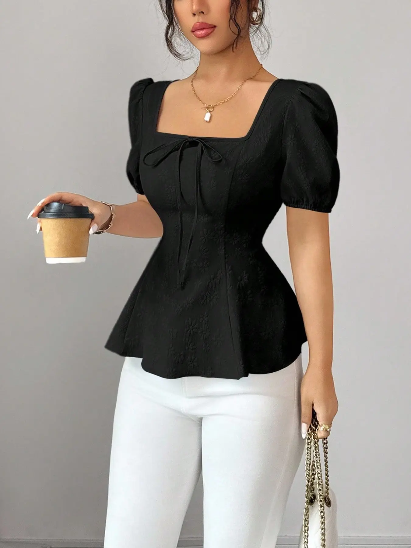 New Women's Fashion Versatile French Bow Tie Bubble Sleeve Boho Chic Sleeve Elegant Embroidered Fabric Boho Style Shirt, Stylish and Unique Lady Blouse Top, Boho Tie Top, Blouses Shirts Tops