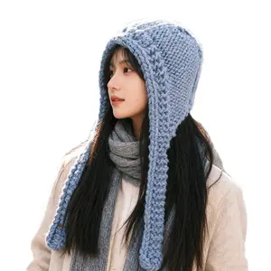 Autumn and winter new blue balaclava hat women's warm knitted pullover outdoor windproof and cold-proof hat