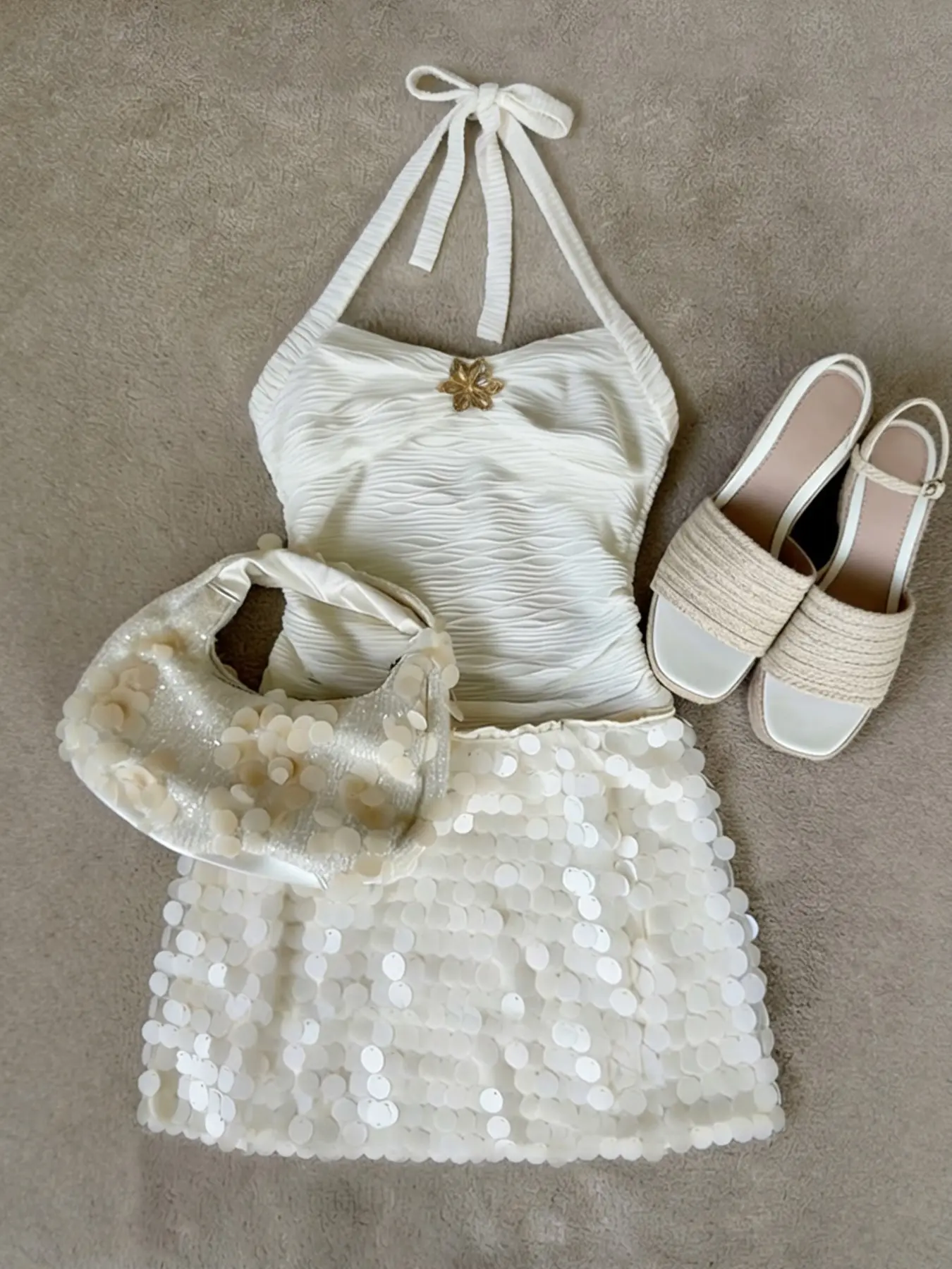 Fashion Women's Sleeveless Halter Top + Short Sequin Skirt Set, Embroidered Fabric Halter Metal Button Top + Sequin Skirt, Perfect for Office and Dates, Chic Clothes, Fashion Clothing Set