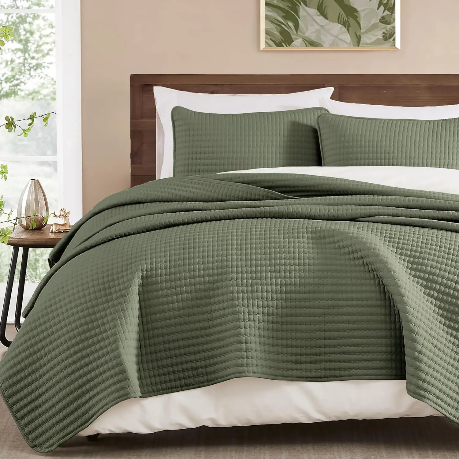WRENSONGE Queen Size 3-Piece Bedding Set - Wrinkle Resistant Lightweight Olive Green Quilt, Soft Summer Coverlet with 2 Pillow Shams for Bed & Couch (All Seasons Use), Bedding Sets,back to school,back to school shopping,home decor