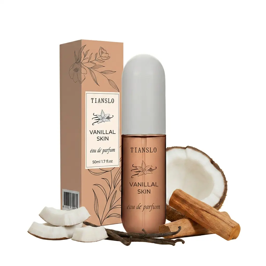 TIANSLO Vanillal Skin Unisex EDP Perfume Fragrance - 50ml/1.7oz Glass Capsule Spray, Warm Amber Vanilla-Coconut Floral Blend, Long-Lasting Gourmand Scent, Regular Ed., Pulse Point Application, Nomadic Midnight Woodsy Sweet Notes, Spray Pulse Points, Unise
