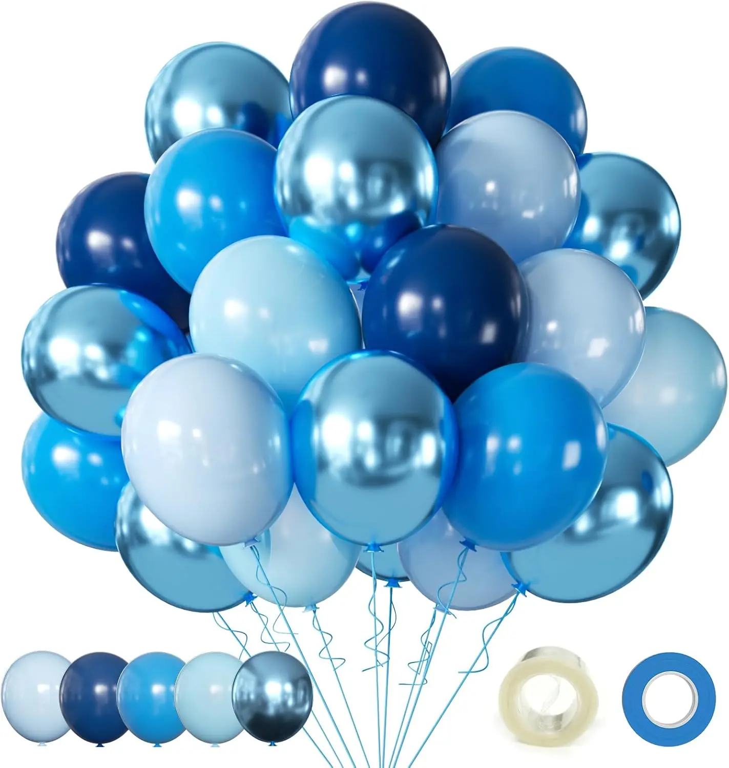 60pcs Metallic Blue Balloon Set (12") | Chrome Macaron & Navy Blue Latex Balloons for Birthday & Wedding Party Decor
