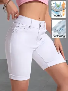 KCGH 26SS Spring Summer Plus Size Casual Skinny White Denim Capris Double Breasted Rivet Detail Rolled Hem Stretch Butt Lifting Slimming Shorts Womenswear