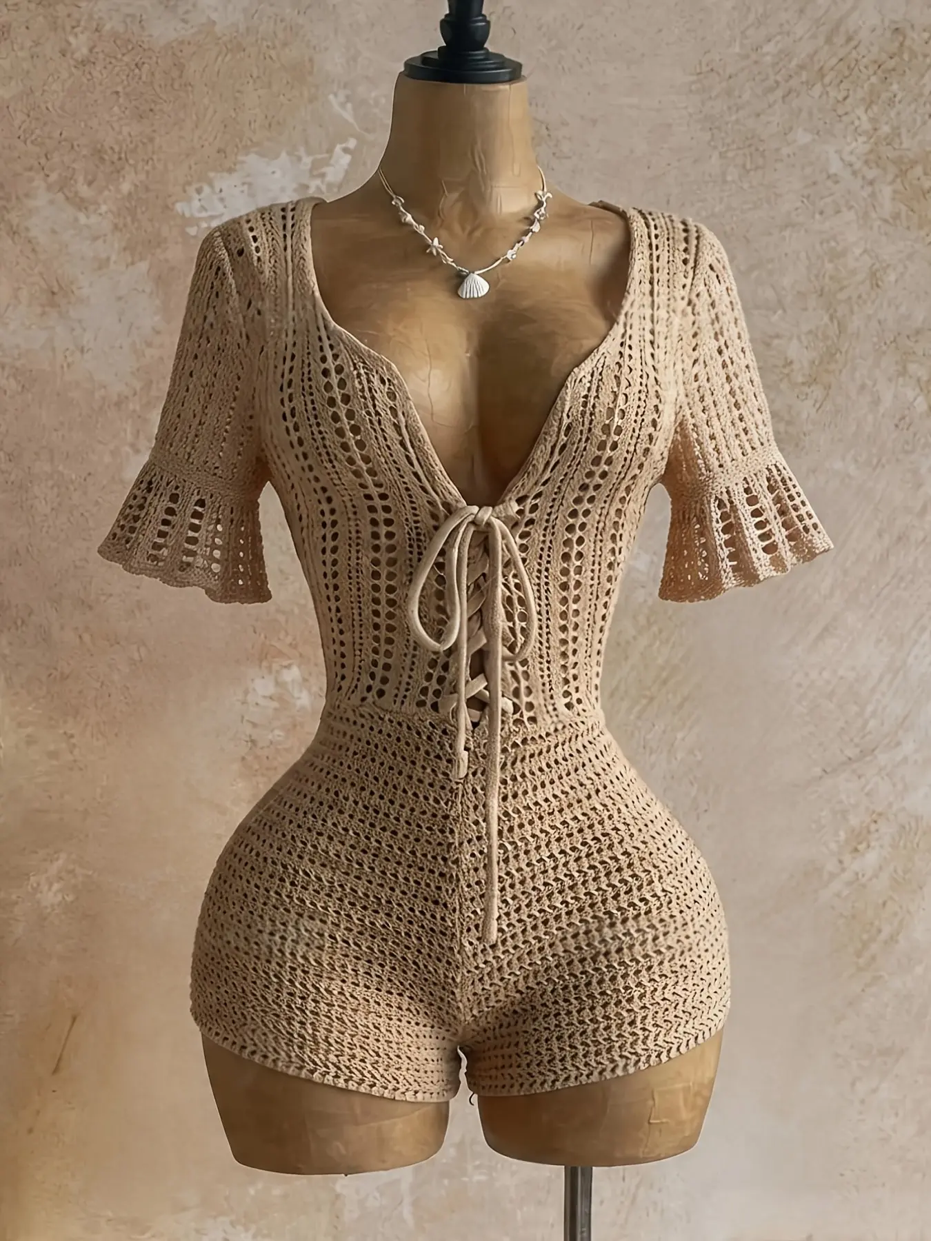 Sexy Aesthetic Crochet Knit Bohemian Boho Romper Deep V Lace Up Adjustable Hollow Out Short Sleeve Bodycon Fit Playsuit for Women Spring Summer Beach Vacation Clubwear