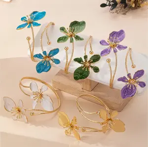 Dual Flower Enamel Open Cuff Bracelet, Vintage Floral Gold Plated Bangle, Statement Fashion Jewelry for Women