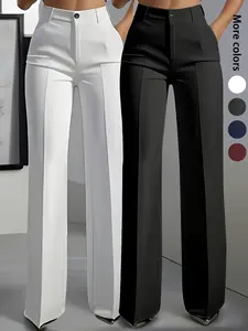 2-Pack Women's Elegant Plain Straight-Leg Woven Pants, Zipper Fly, Pockets, All Seasons, Business Casual, Belt Compatible