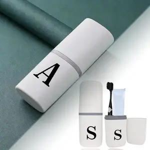 Portable Toothbrush Case Travel Wash Cup Toothbrush Holder | A-Z Letter Black Pattern | Lightweight Toiletry Travel Container | Ideal for Camping, Bathroom & On-the-Go | Toothbrush Storage