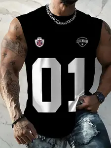 Men's Casual Fashion Digital Print Sleeveless Tank Vest, Base with Large Number '01', Sporty Style, Outdoor, Breathable, Summer Wear