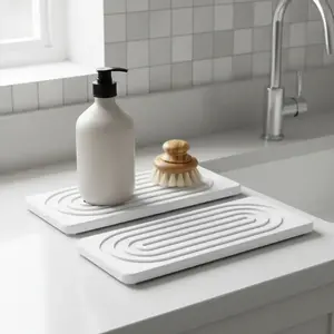 2 PCS Water Absorbing Stone Tray for Sink, Quick Drying Diatomite Bathroom Tray Countertop, Bathroom Accessory, Stone Drying Mat for Kitchen Counter Faucet, Water Absorbent Mat, Soap Dish Dispenser Vanity Organizer, White-A-8.3" x 4"