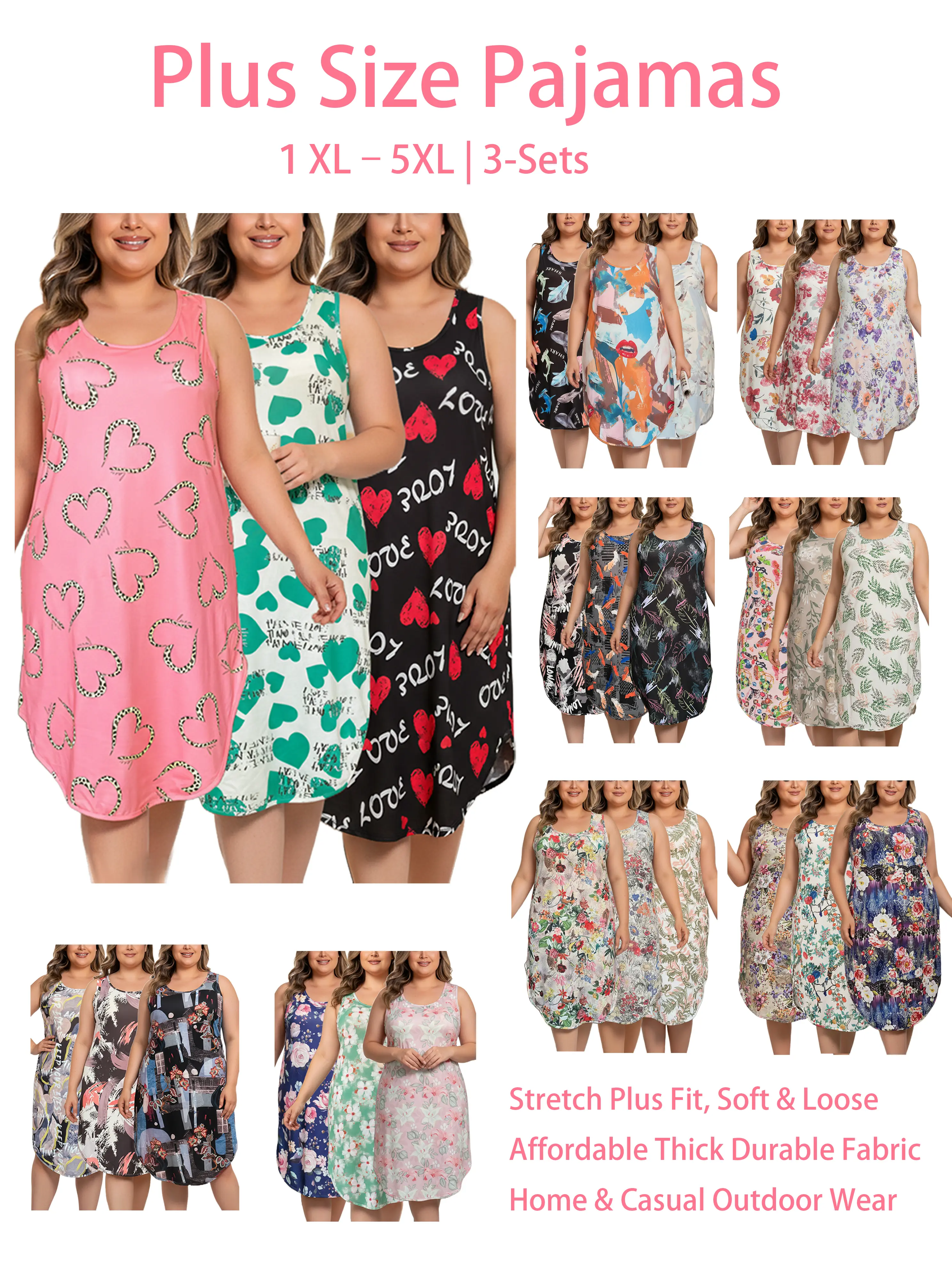 Freedom of Choice Plus Size 3-Pack Sleeveless Nightgowns | Comfy Tank Loungewear Sleep Dress 1XL-5XL