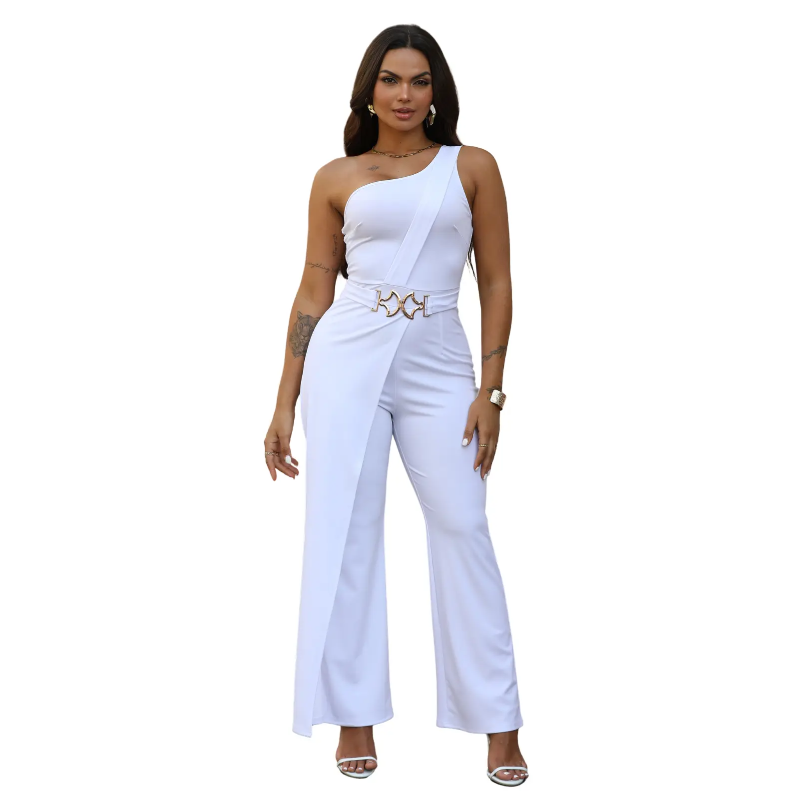 Acelyn Jumpuit One Off Shoulder Jumpsuit for Women Sexy Dressy Sleeveless Belted Wide Leg Jumpsuit Elegant Party Outfit