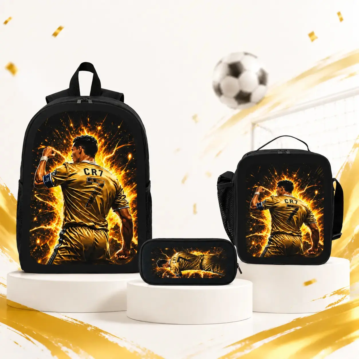 Men's CR7 Football Printed 3PCS Coordinated Bag Set - 17in Spacious Main Compartment Soccer Backpack, Adjustable Shoulder Straps Shoulder Bag, Pencil Case, Lightweight Casual Sports Bookbag for Teens, Girls, Christmas Gift, Coordinated Set, Stylish Cr7-In