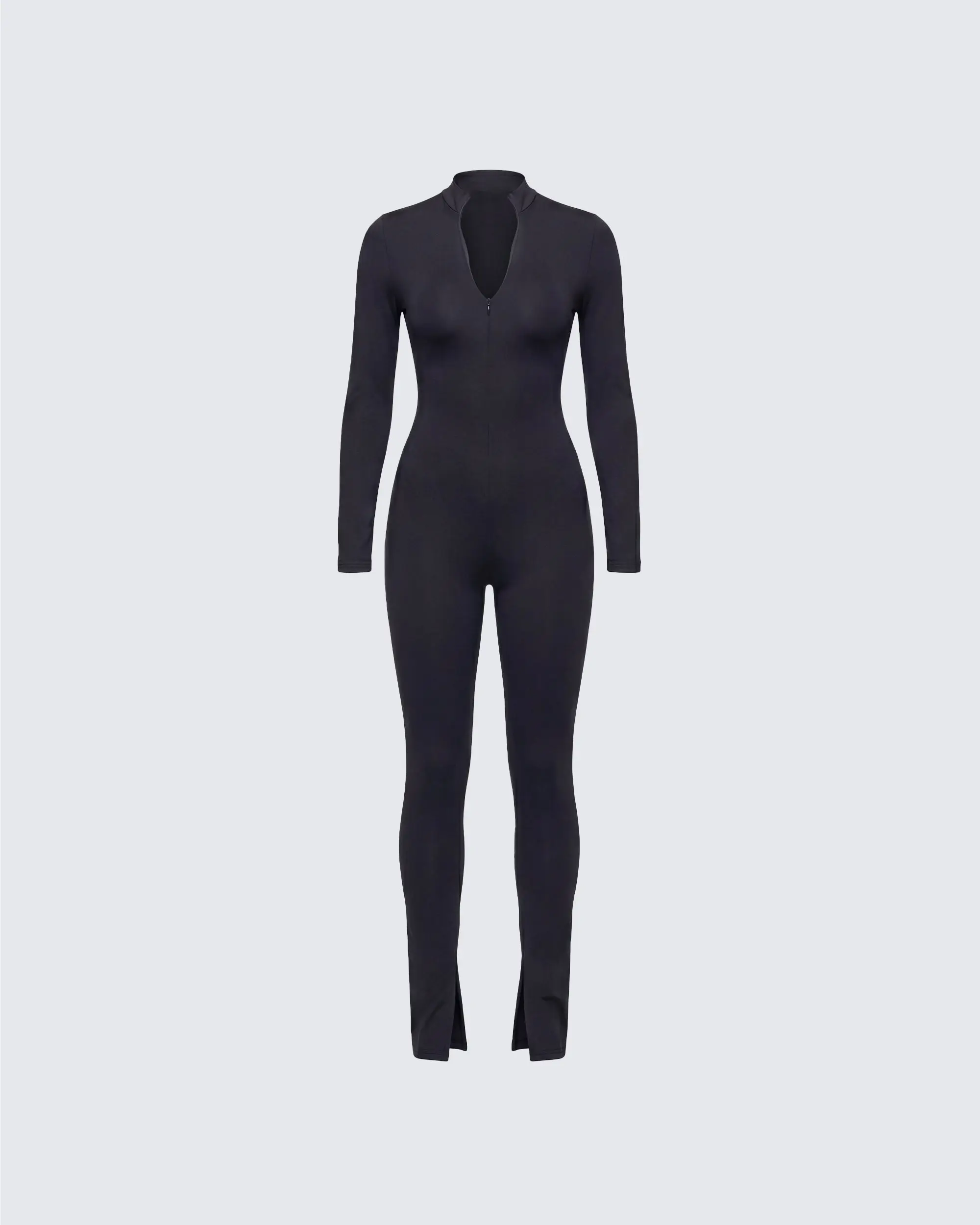 Women's Black Spandex Turtleneck Long-Sleeve Bodycon Zip-Up Jumpsuit