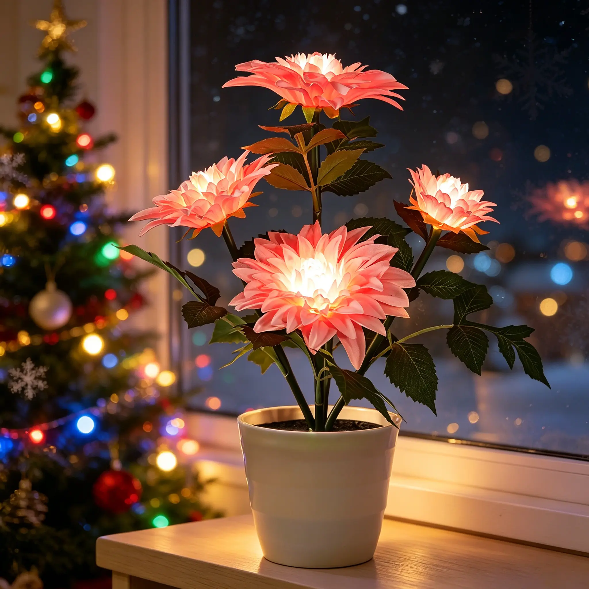 Shabby Chic Pink Dahlia Potted Flower Lamp - Soft Warm LED Mood Light, Boho Decor Table Accessory, Valentine's Day Gift for Women, Nightstand Bedroom Desk Lighting