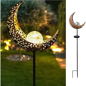 Garden Solar Light Outdoor Decorative, Moon Decor Crackle Glass Globe Stake Metal Lights, Warm White LED for Pathway, Lawn, Patio, Yard Ornaments for Outside