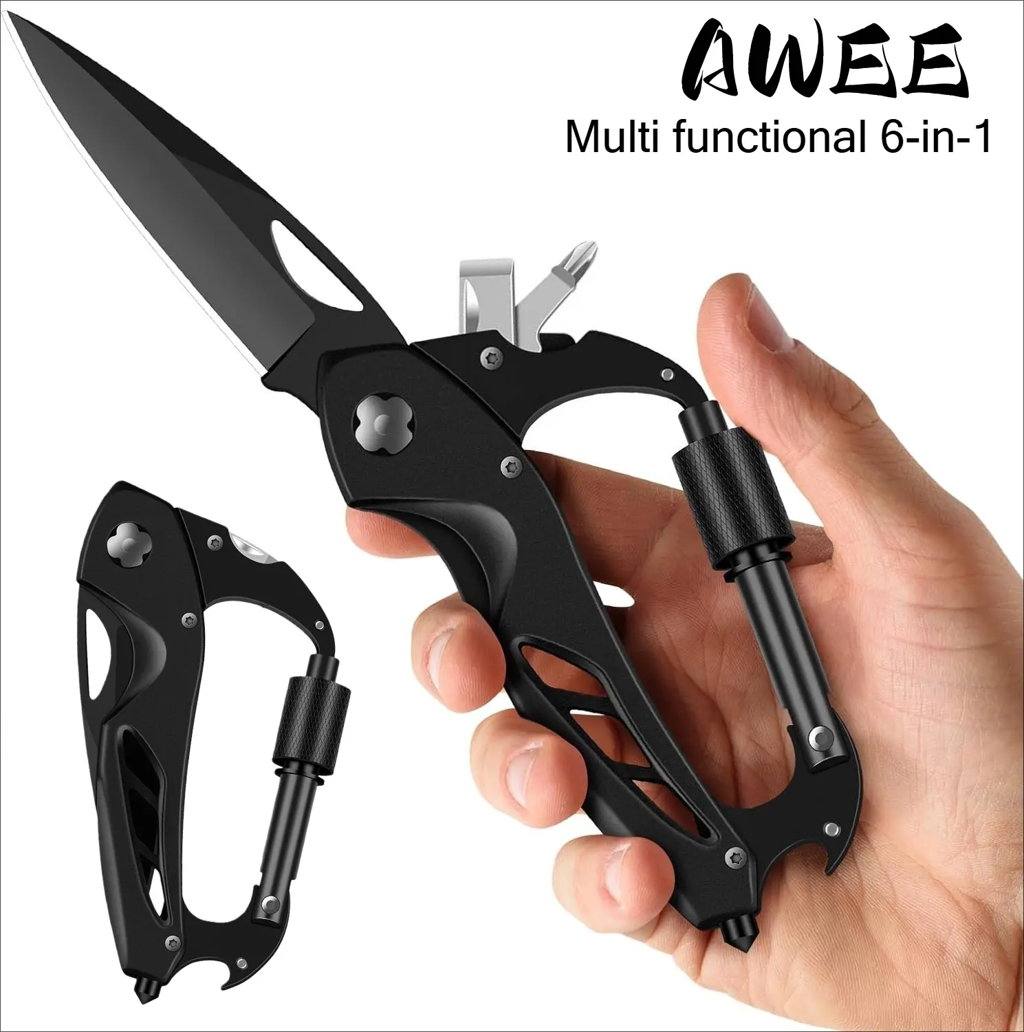 Portable EDC Carabiner Multi Tool with Liner Lock Pocket Knife, Emergency Window Breaker for Camping Hiking